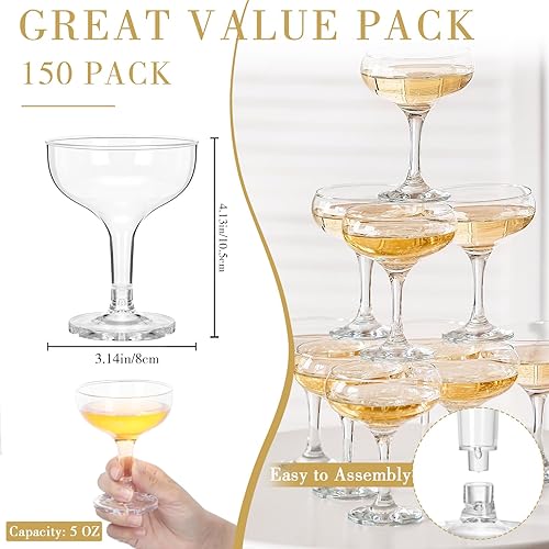 Miniatura 2 de 150 copas de champán de 5 onzas de plástico irrompibles de Martini desechables, copas de vino apilables con tallo de champán, copas inastillables