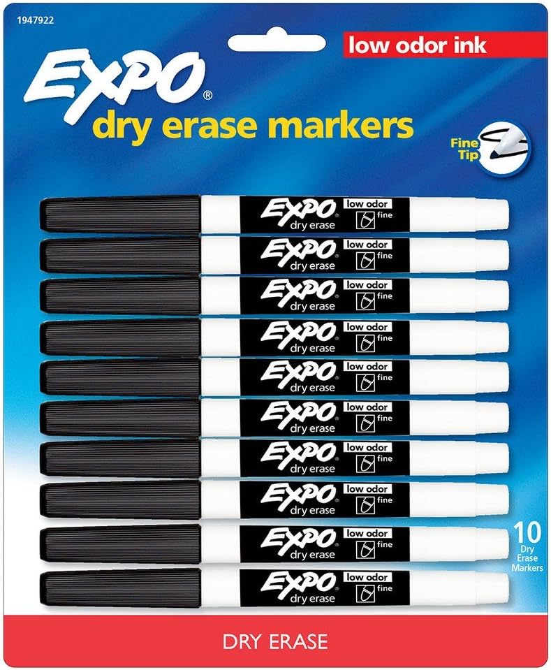 EXPO Low-Odor Dry-Erase Marker, Fine Point, Black, 10/Pack