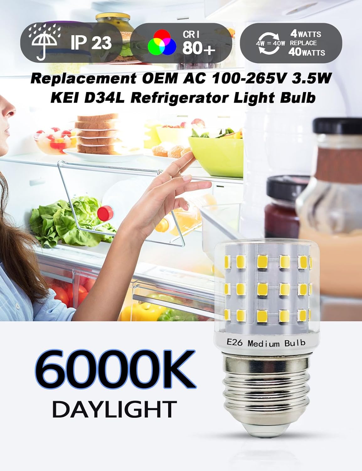 KEI D34L Refrigerator Bulb ac 100-265v 3.5w Replacement LED Refrigerator Light Bulb Freezer Lamp for Frigidaire Fridge, KEI D34C 40w Equivalent E26 LED Appliance Lighting, White Light, 2-Pack