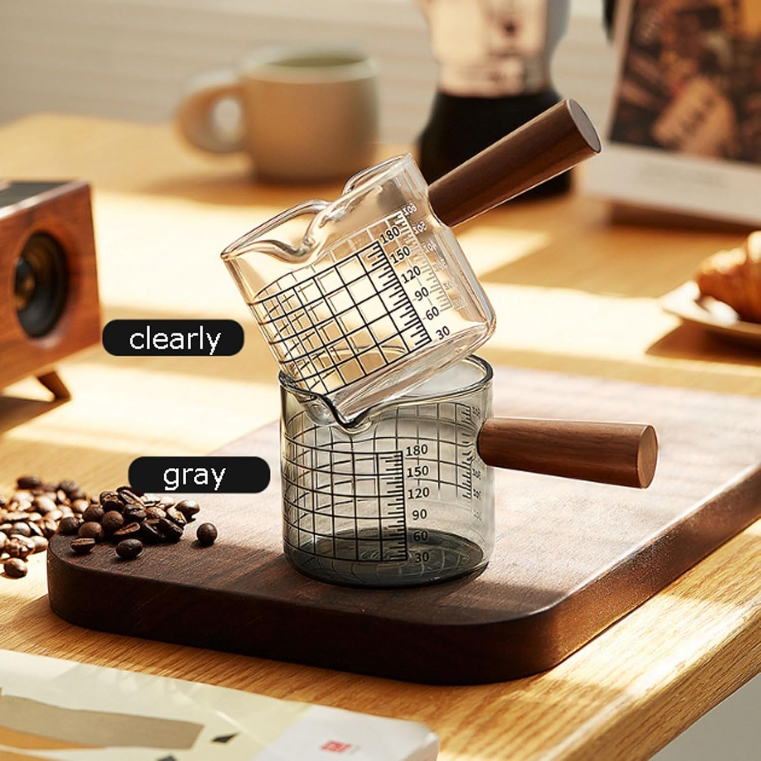 Glass Measuring Cup with Scale 180ml Dual-Spout Espresso Cup Birch Handle Milk Jug with Ounce ML Markings Coffee Extraction Tool Sauce Dish(Transparent wood)