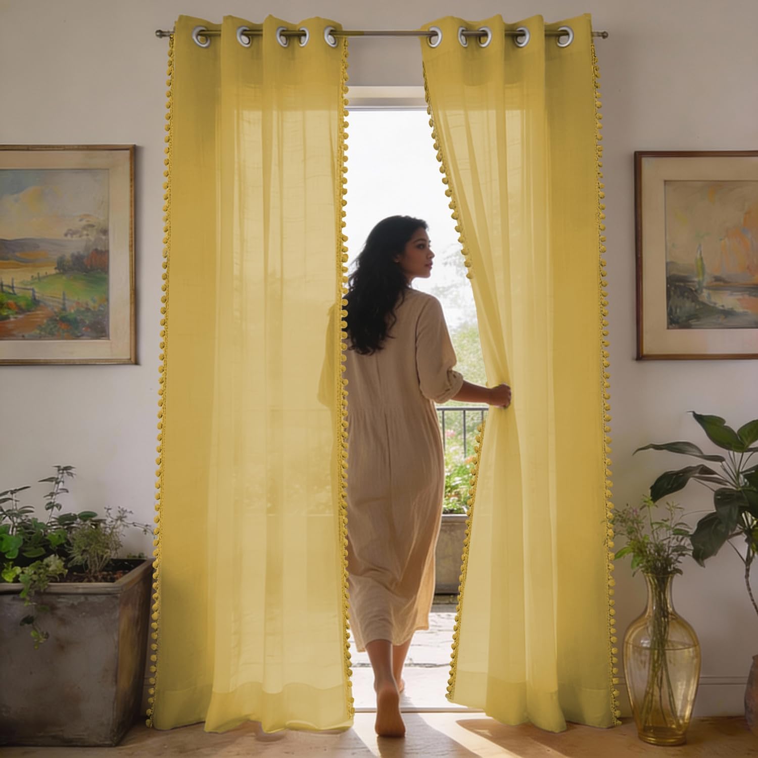 Urban Space Sheer Solid Curtains for Door 7 Ft Long, 35-40% Light Filtering Curtain with Eyelets and Tieback, Set of 2 Decorative Curtains - Yellow with pom pom (Door -7 feet)