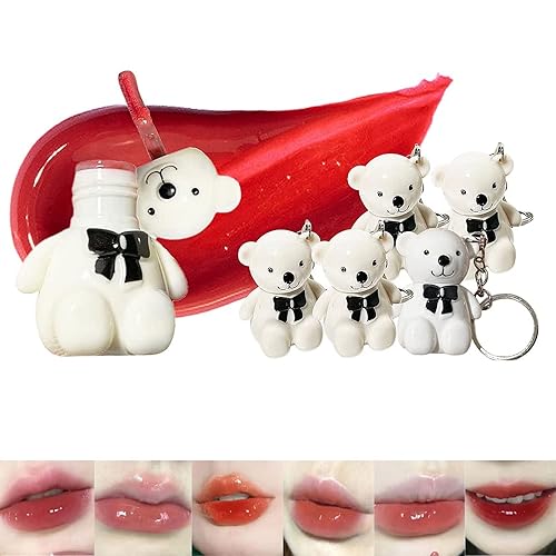 Assote Lápiz labial de oso 2 en 1, pintalabios de oso con llavero, lápiz labial de terciopelo mate niebla, lápiz labial de espejo de oso, maquillaje