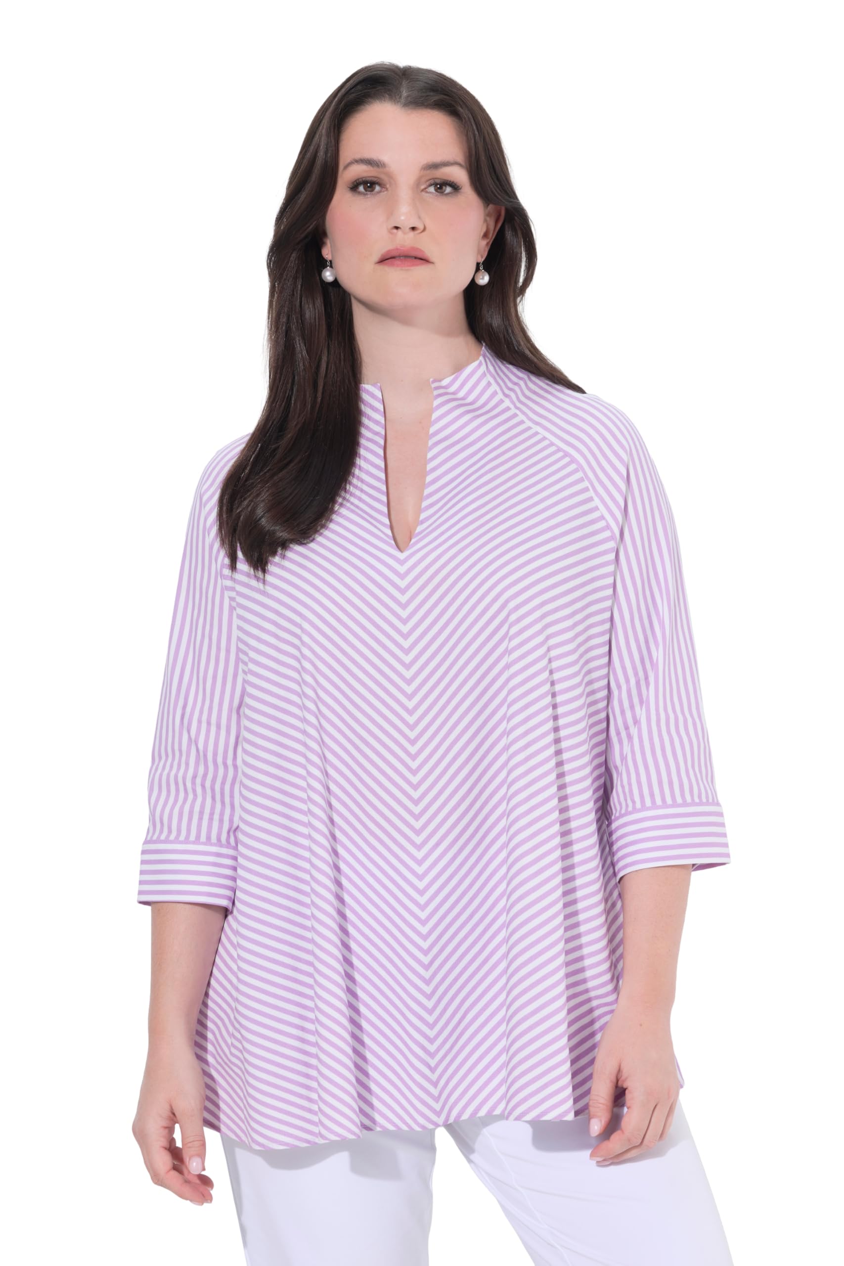 Ulla Popken Damen große Größen Übergrößen Plus Size Tunika, Streifen, A-Linie, Kelchkragen, 3/4-Arm 847614