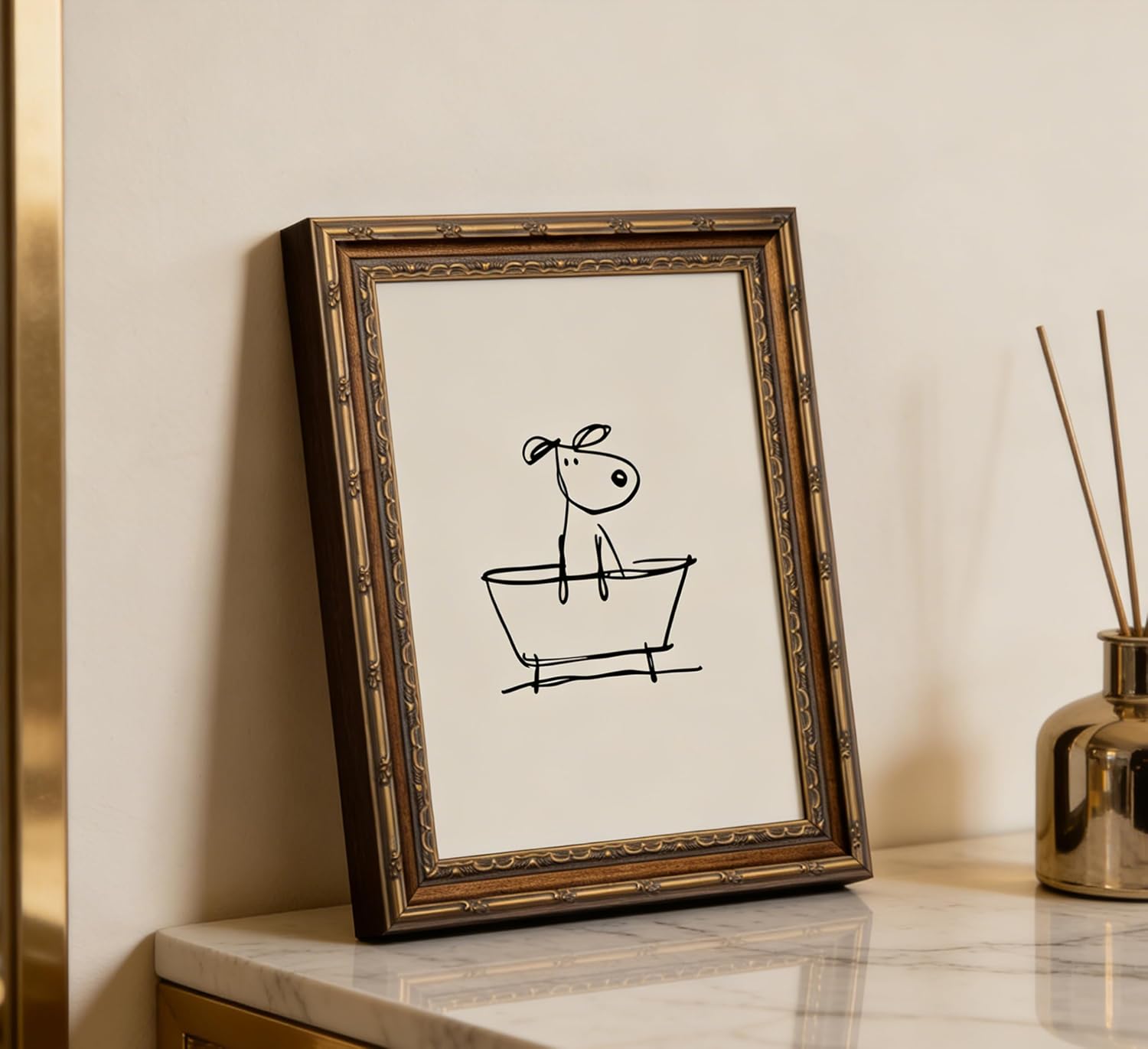 Vintage Gold Framed Funny Dog Bathroom Wall Art, Abstract Retro Painting Canvas Prints, Black and White Line Picture Wall Decor, Picasso Minimalism Bathroom Poster Artwork for Bathroom Home Decor
