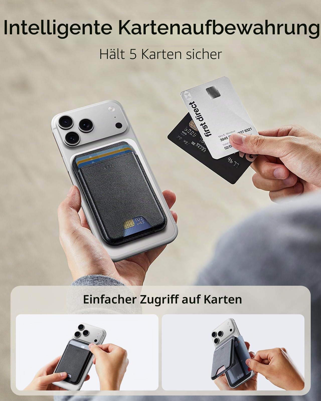 ESR mit MagSafe Wallet, 5 Kartenhalter, RFID-Schutz, für Magsafe Geldbörse mit Ständer, Wallet für iPhone 17e/17/16/15/14/13/12-Serie und Ausgewählte Samsung Geräte, Nicht für 13/12 Mini, Schwarz | Aufgerüstet für MagSafe Wallet