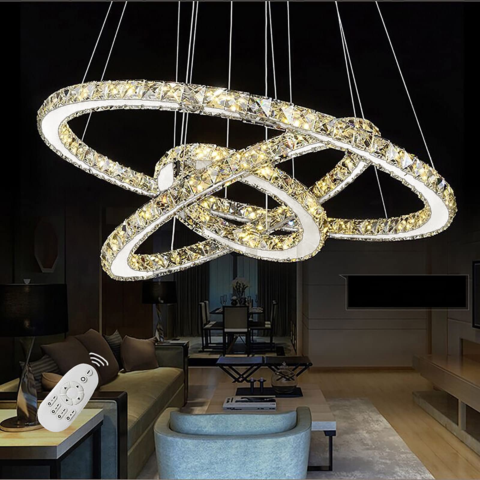 YRHome 96 W LED Cristallo Design Lampada da Soffitto a Sospensione Dimmerabile Regolabile in Altezza - Lampadario Moderno Tre Anelli per Sala da Pranzo e Soggiorno