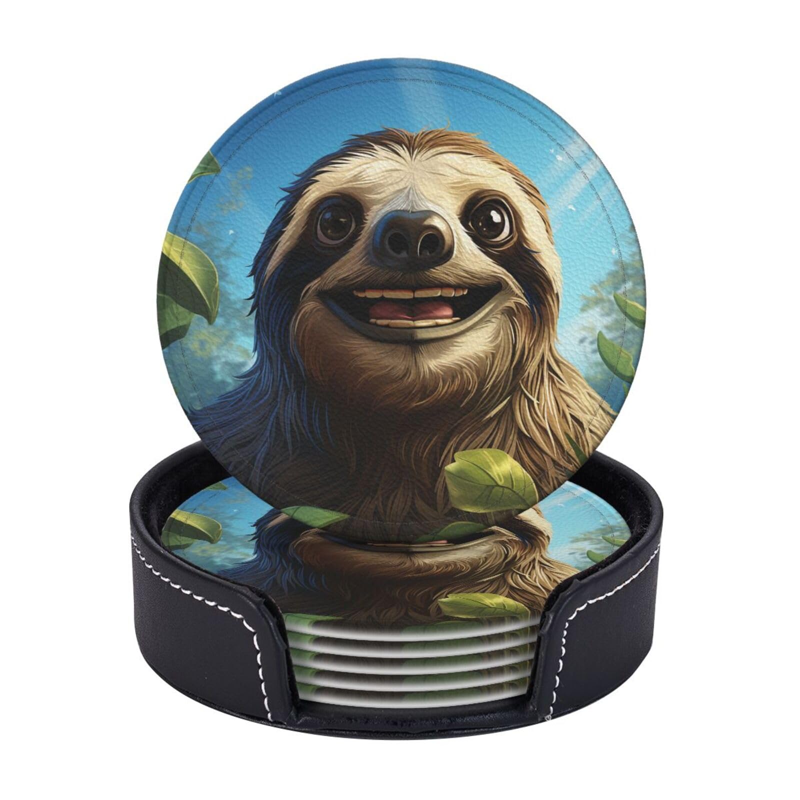 Round Coasters for Drinks Set of 6 - PU Leather Coasters with Holder - Modern Drink Coasters for Coffee Table - Cartoon Funny Sloth Coaster for Tabletop Protection 4" Cup Mat Pad