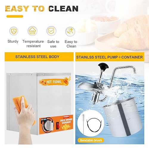 Miniatura 5 de Dispensador de queso nacho con bomba de acero inoxidable, calentador de salsa de queso Nacho de 2.6 cuartos de galón, dispensador de dulce de azúcar