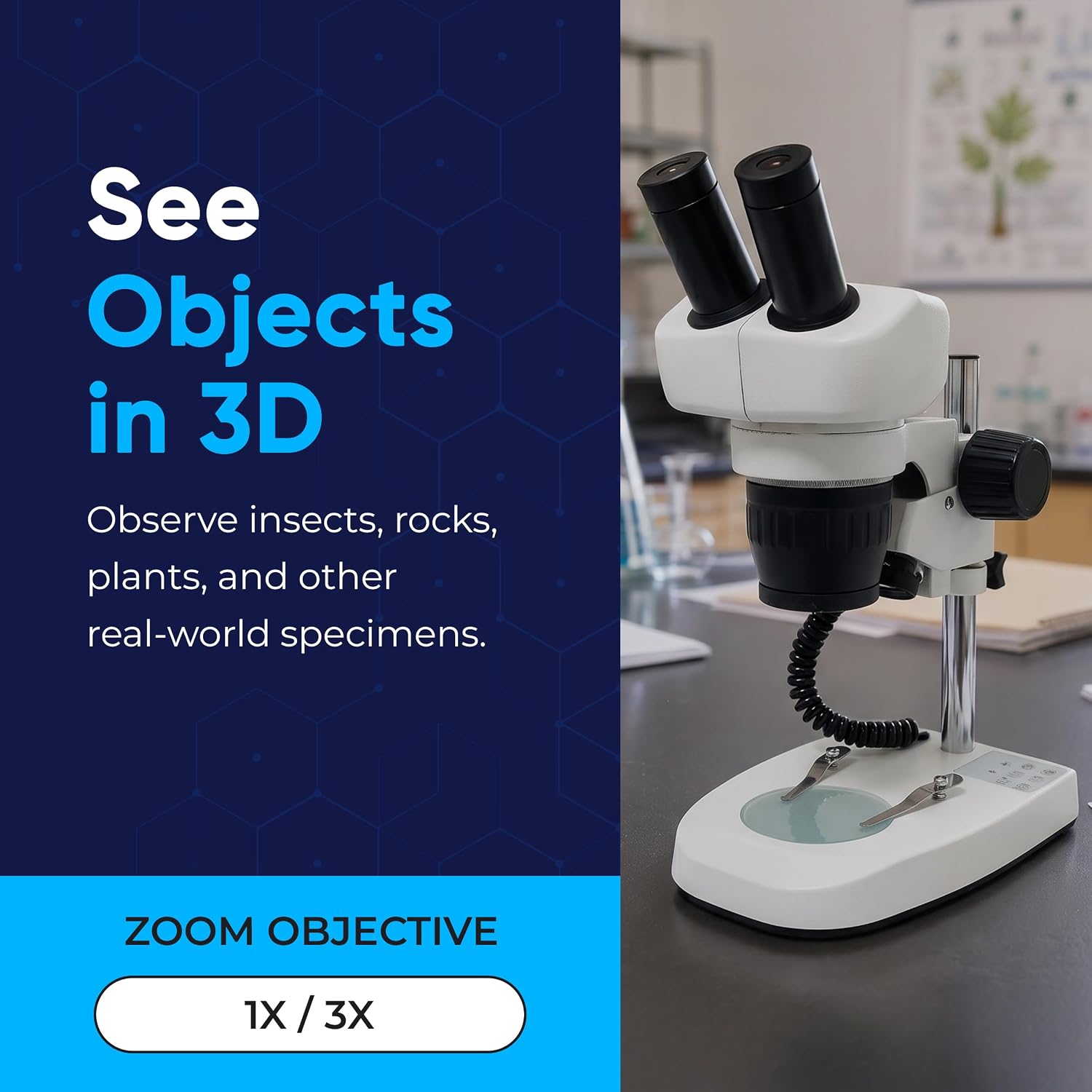 EduScope ES3 High School Stereo Microscope, Binocular Microscope with 1X/3X Objectives, WF10X/WF15X Eyepieces, LED Reflected & Transmitted Light, 70mm Working Distance for STEM Labs