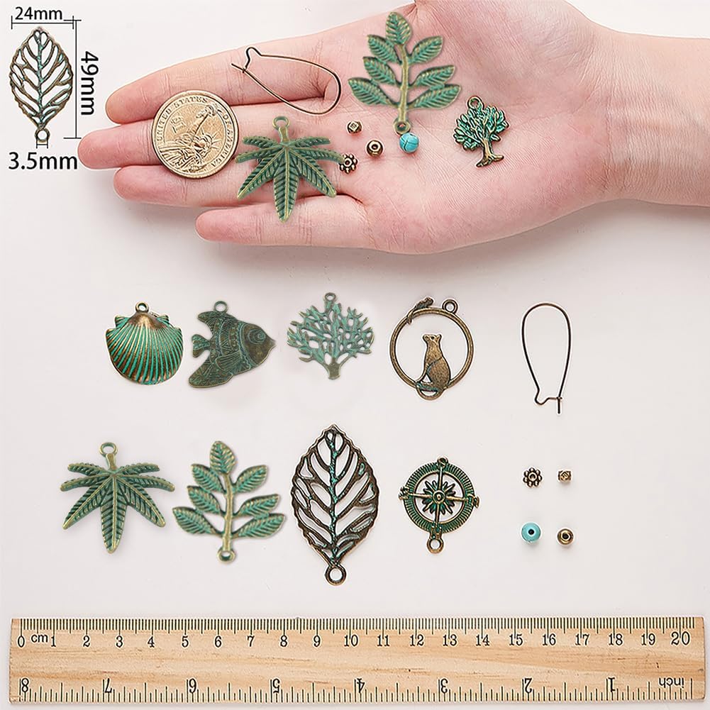 SUNNYCLUE 1 Box DIY 9 Pairs Metal Hollow Bohemian Vintage Dangle Earrings Jewelry Making Starter Kit Alloy Green Patina Tree Leaf Coin Sea Horse Charms Turquoise Beads Craft Supplies for Beginners