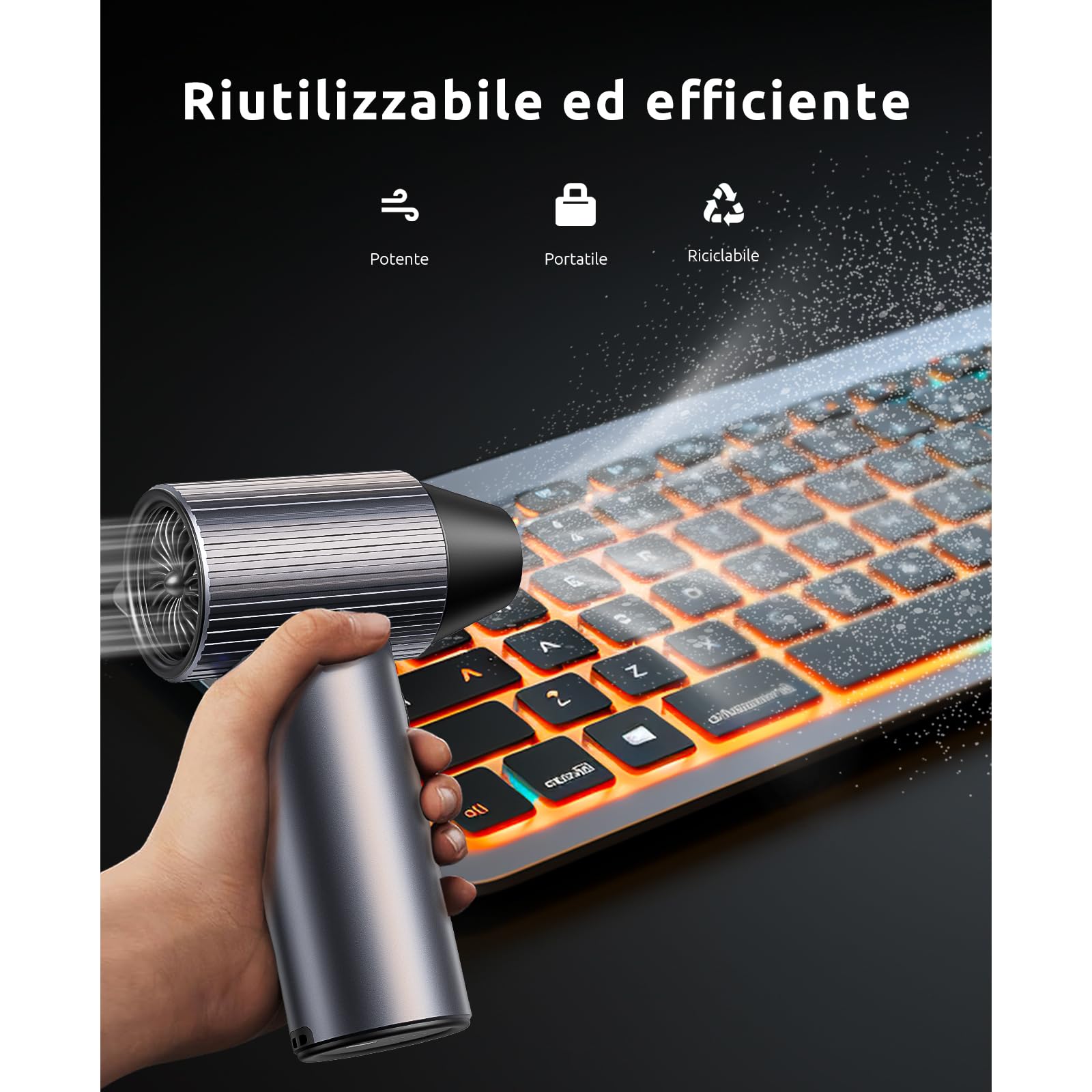 300000RPM Soffiatore Aria Compressa in Metallo - Mini Soffiatore a Batteria con 3 Velocità Regolabili e 4 Ugelli - Senza Fili e Ricaricabile - High-Power Air Duster per Auto/Casa/Ufficio/Camping