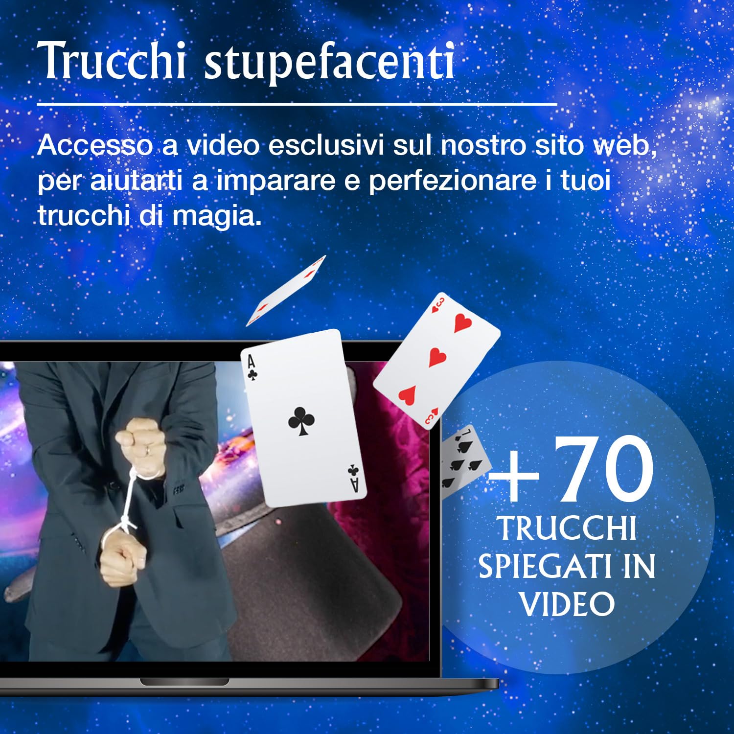 LUGY Magic Secrets - Cofanetto di Magia - 70 Trucchi Istruzioni Video - Livello Principiante/Intermedio - Kit Mago 8 9 10 11 12+ Anni - Giochi di magia creativi per Bambini Trucchi Magici +++