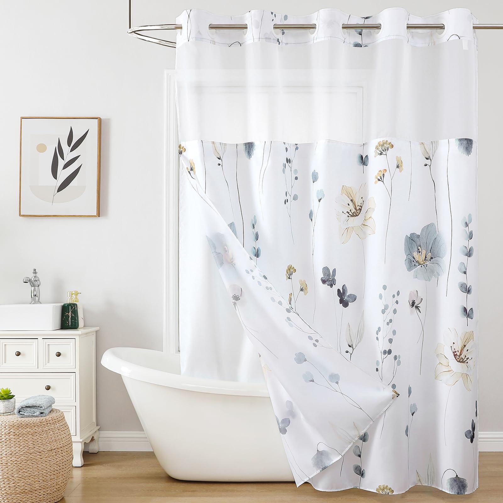 QiyI Flower Shower Curtain with Snap in Fabric Liner, Grey Watercolor Floral Cloth Bath Curtains, No Hook Shower Curtains with Mesh Top Window, Fabric