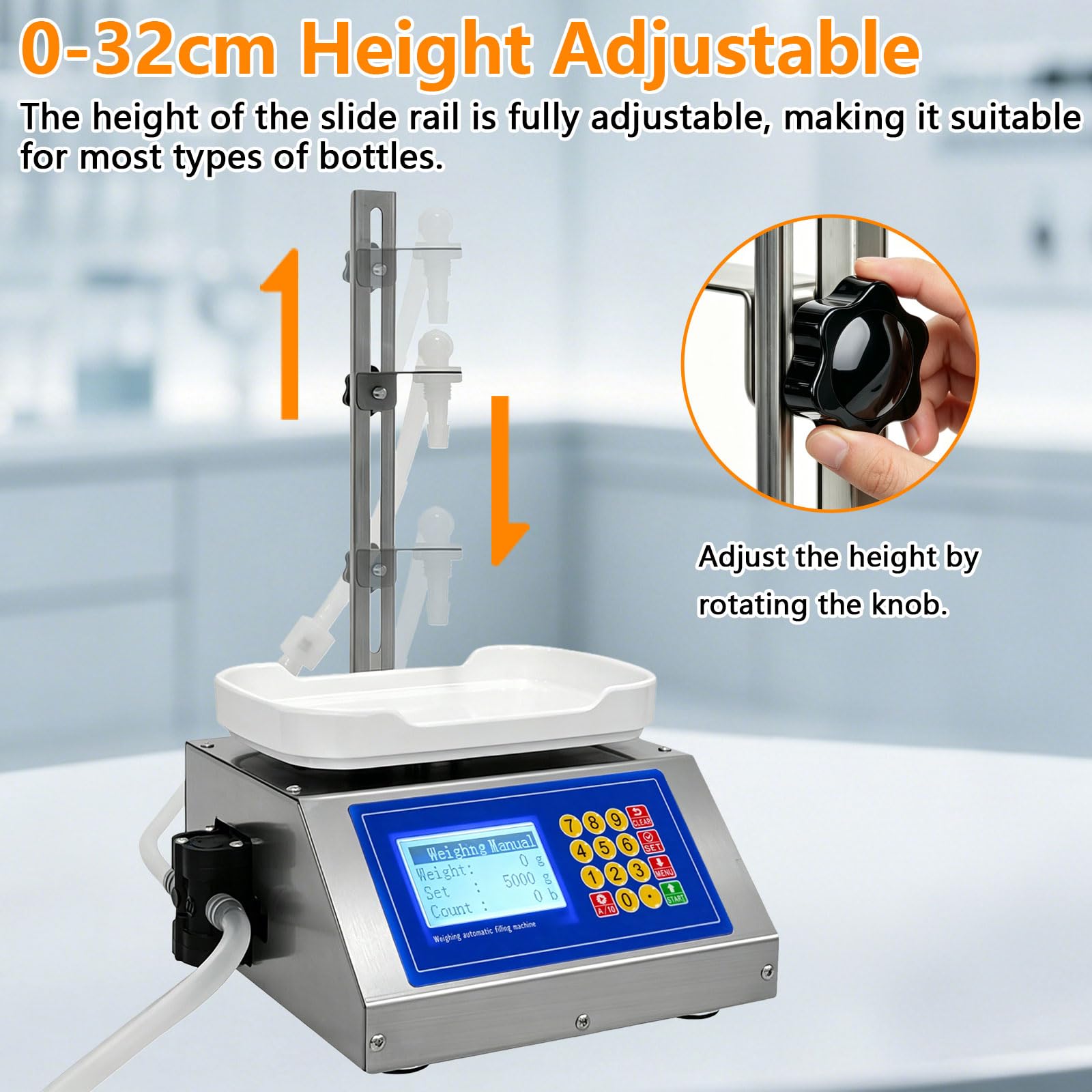3.5L/Min Abfüllmaschine, 5–4000ml Flüssigkeitsabfüllmaschine, Höhenverstellbar 0–32cm, LCD-Display, Automatische Flaschenabfüllmaschine für Wasser, Saft, Parfüm und Getränke
