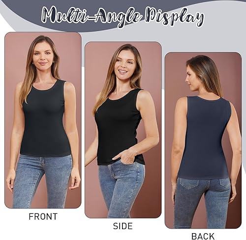 Miniatura 5 de 3 piezas de camisetas térmicas sin mangas para mujer, ropa interior de forro polar, suave, sin mangas, chaleco de capa base cálida Negro