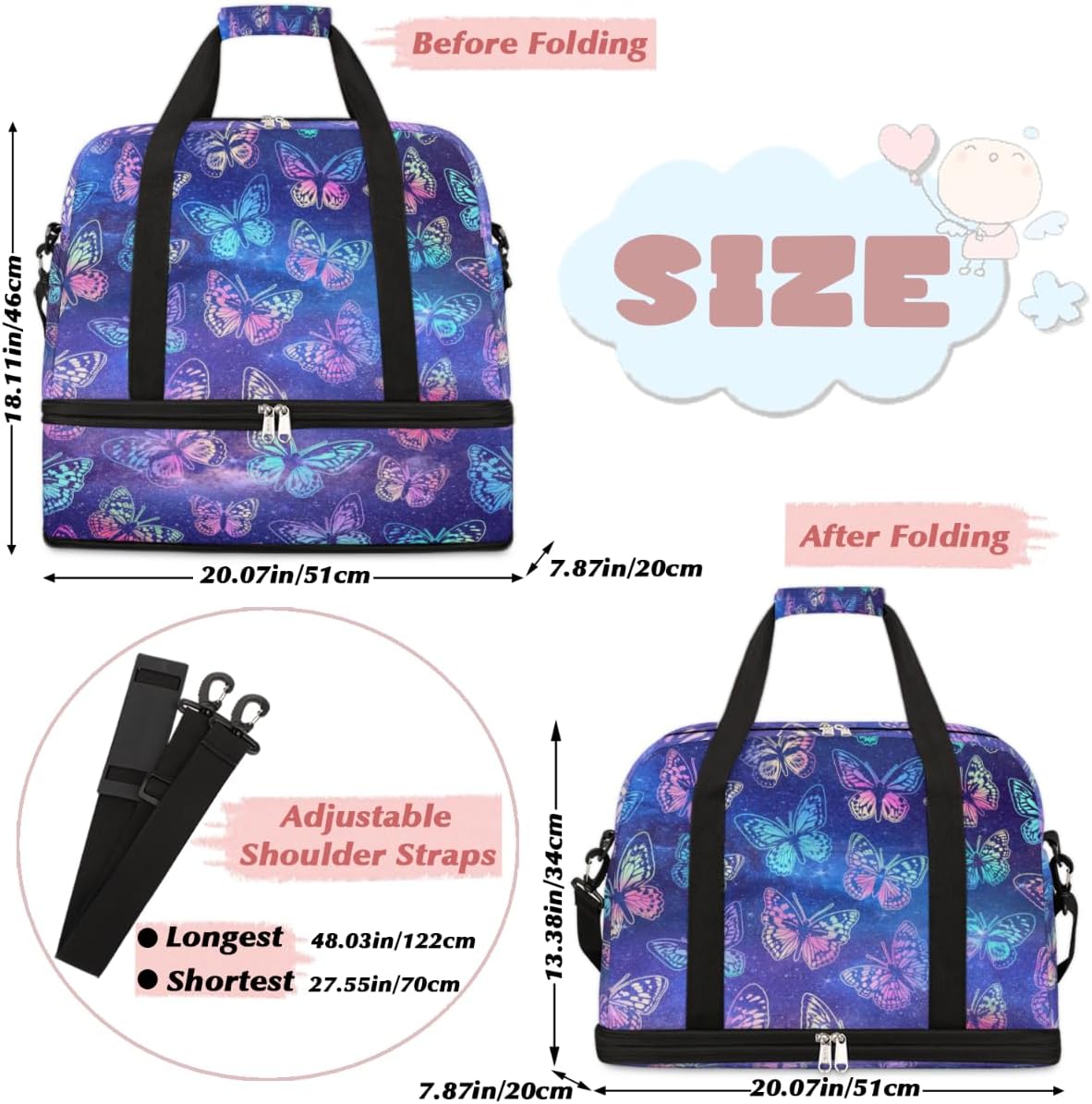 QsirBC Adorable Butterflies Design Gym Bag for Women Duffle Tote with Shoes Compartment Men Weekender Duffel for Dance Travel Sports Swimming Overnight