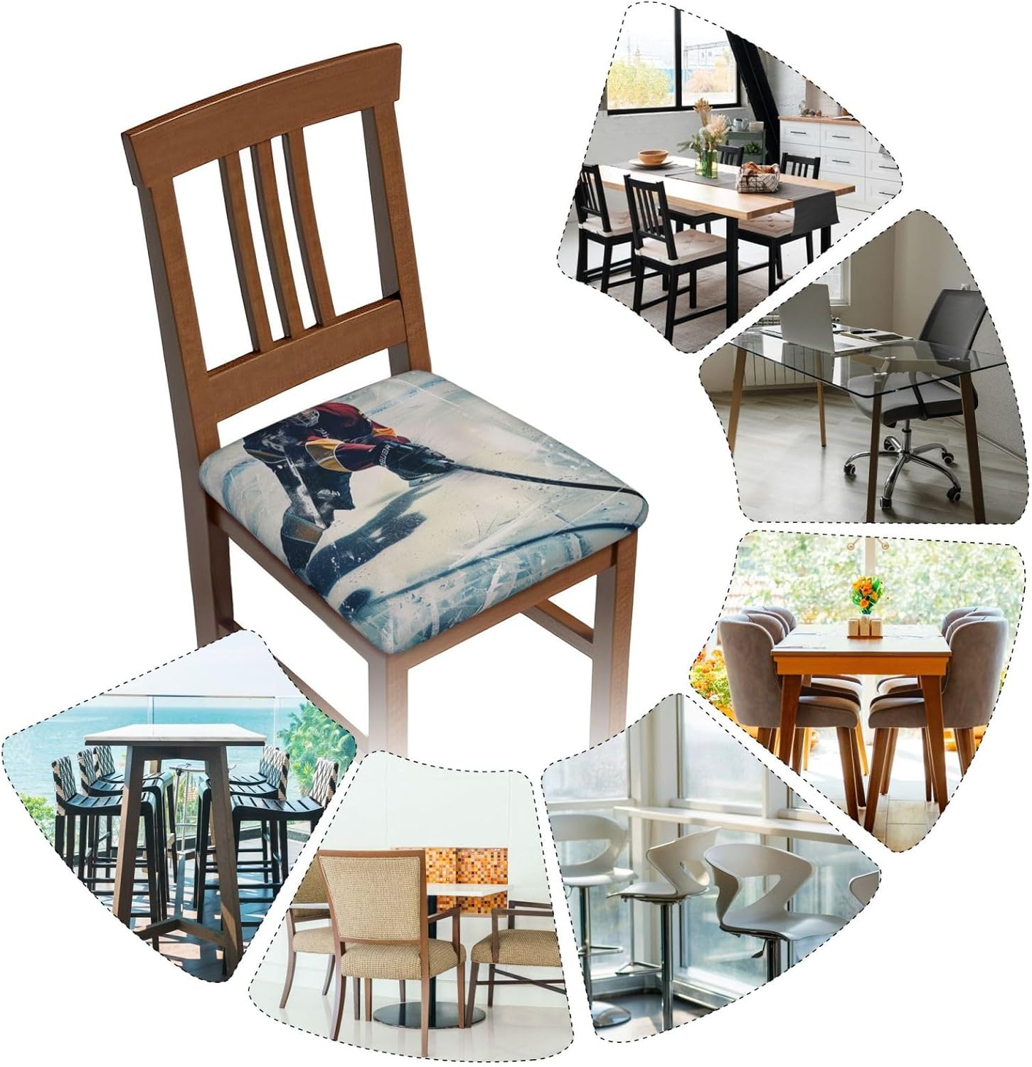 Hockey Sports Print Square Cushion Covers 6 Pcs Set Elastic Non-Slip Seat Cushion Slipcovers Pet Furniture Protectors for Chair, Sofa