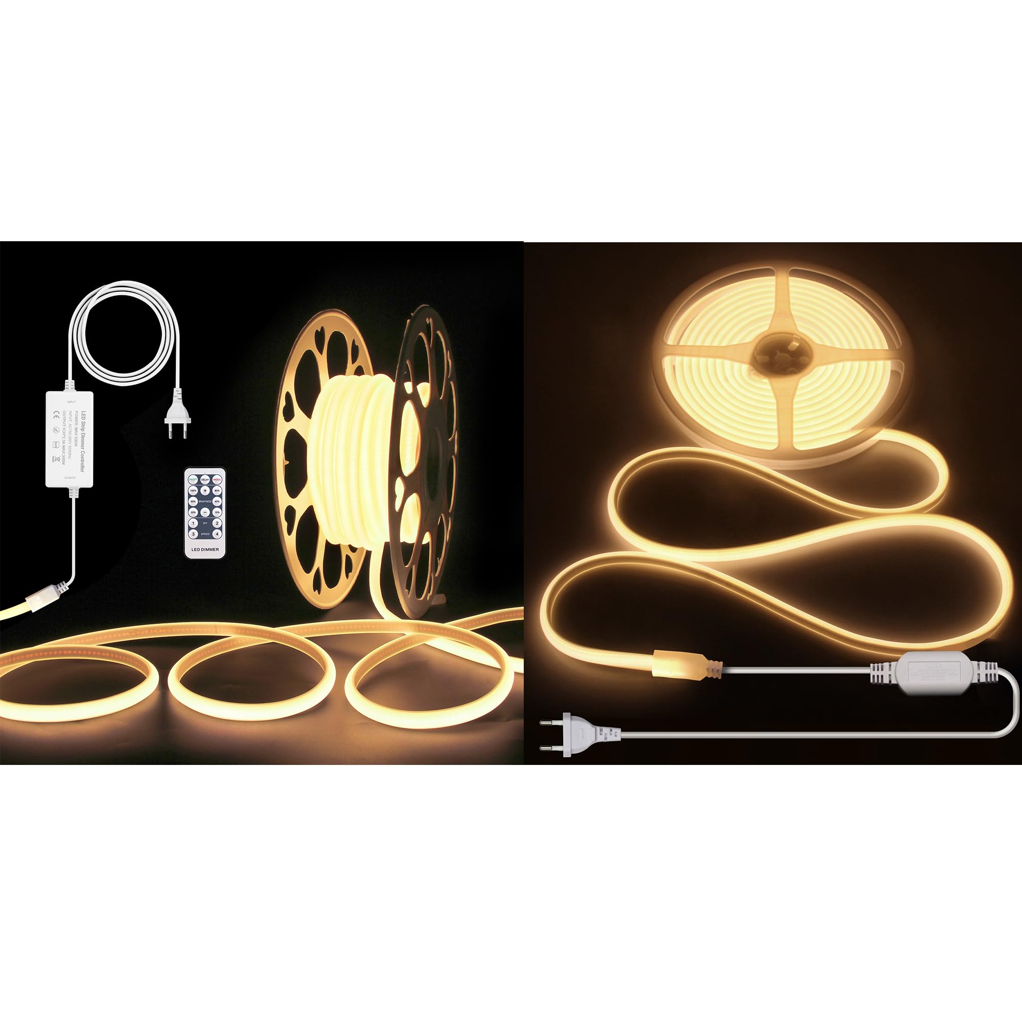 ALITOVE 15M Ausziehbares COB-LED-Streifenlicht-Paket – 10M mit RF-Fernbedienung + 5M Verlängerung, Warmweiß 3000K, 288LEDs/m, EU-Stecker 230V, Flexibel DIY-Beleuchtung