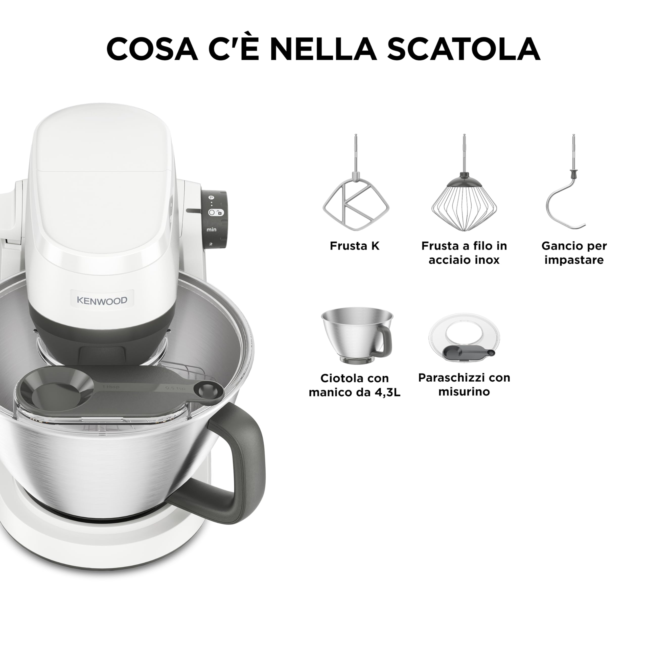 Kenwood Multi Tasker – Impastatrice Planetaria con Testa Sollevabile, Ciotola 4,3L, Capacità 1,7 kg Impasto, con accessorio Frullatore, Attacco Accessori e Paraschizzi, Bianca (KHC30.000WH)