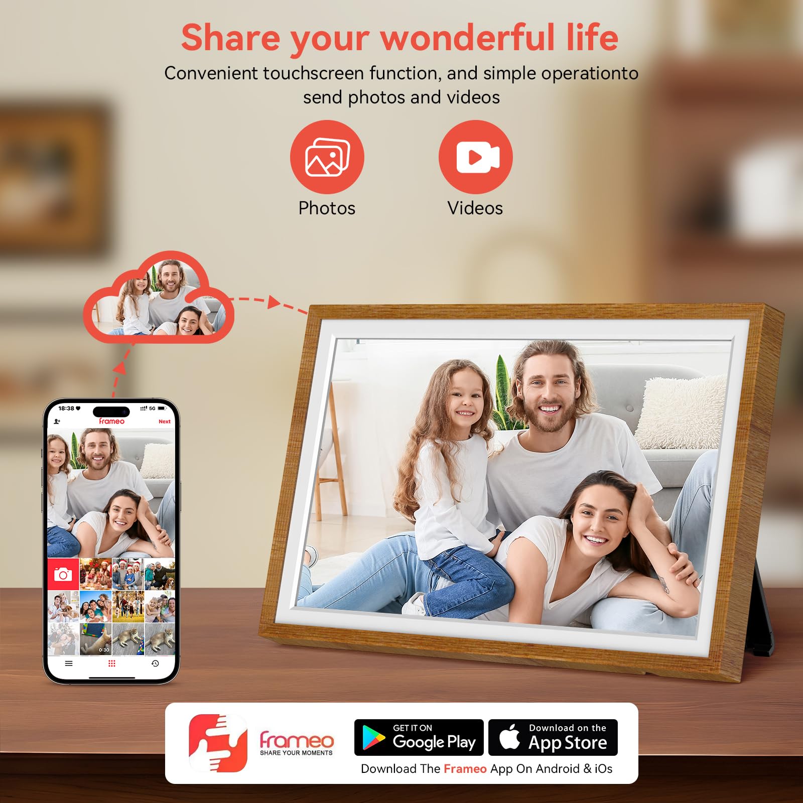 Frameo Cadre photo numérique 10,1" Smart WiFi avec mémoire 32 Go, écran tactile HD, rotation automatique, diaporama