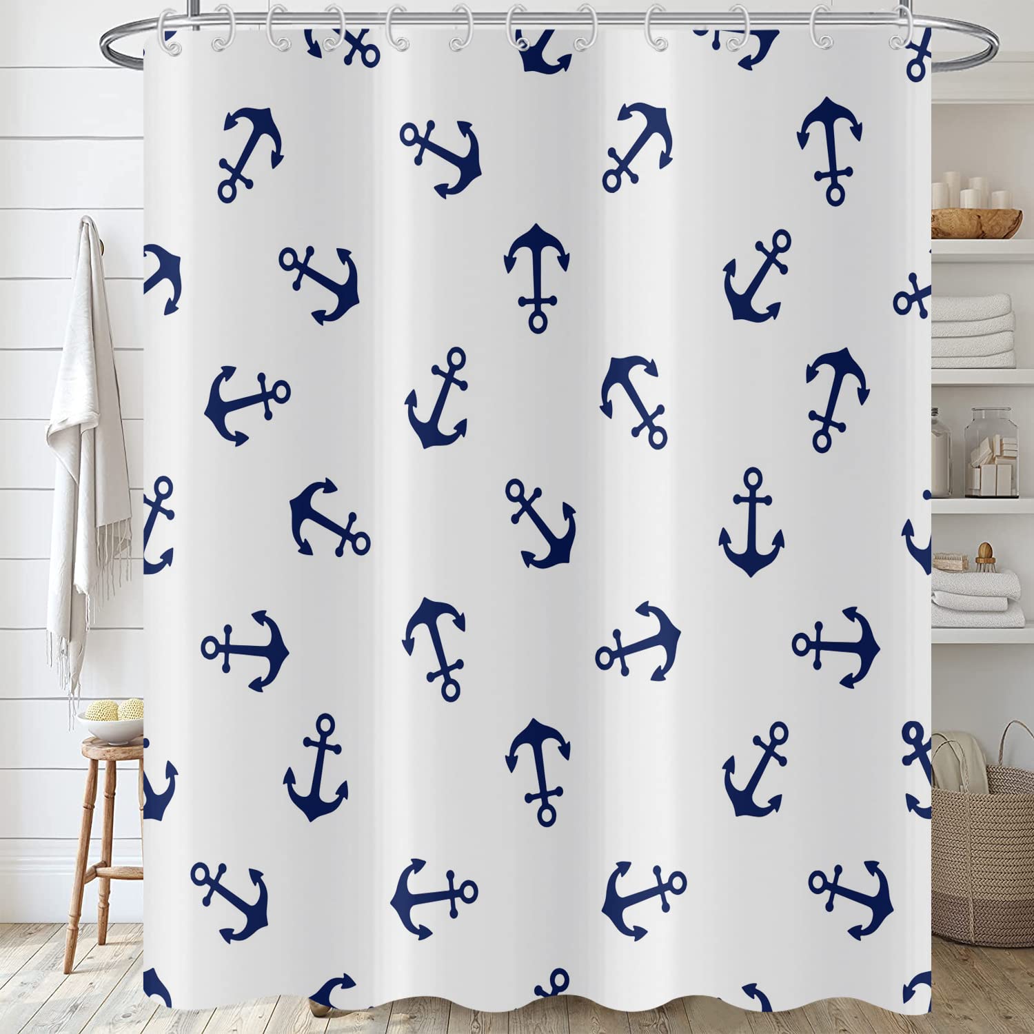 Hnmdmyi Nautical Anchor Shower Curtain 165x180, Navy Blue White Ocean Theme Sea Lovers Boys Bathroom Curtains with Hooks Waterproof Polyester Fabric Washable Bath Curtains for Wet Room