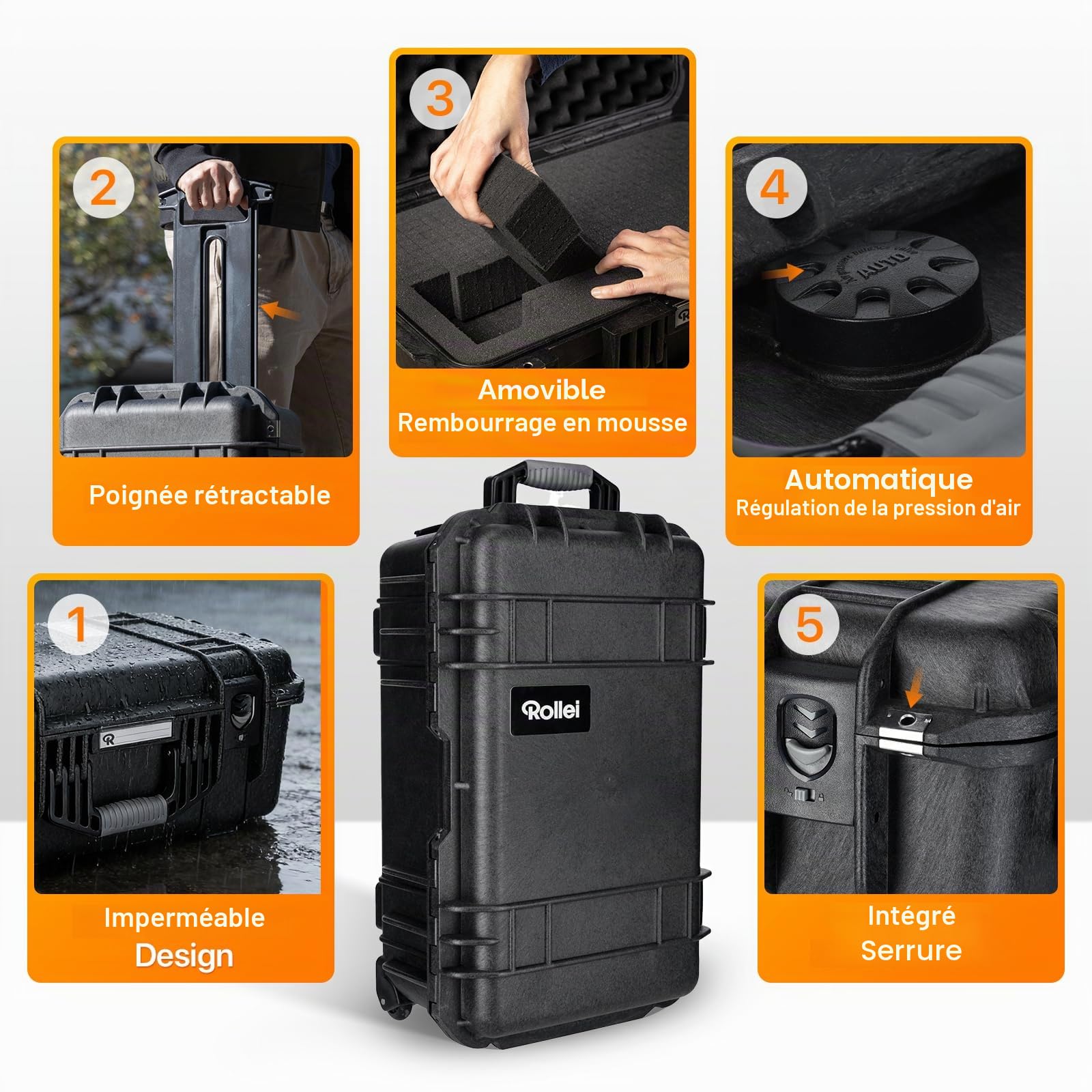 Rollei Valise à roulettes pour Appareil Photo - Extrêmement Robuste - Incassable et étanche - Grande Valise pour Appareil Photo d'extérieur - Régulation Automatique de la Pression et Protection