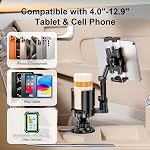 Support de tablette pour voiture, 3 en 1 support de porte-gobelet pour iPad avec élargisseur, base réglable et bras long avec rotation à 360° compatible avec les tablettes de 4 à 12,9 po, tous les smartphones et la plupart des bouteilles