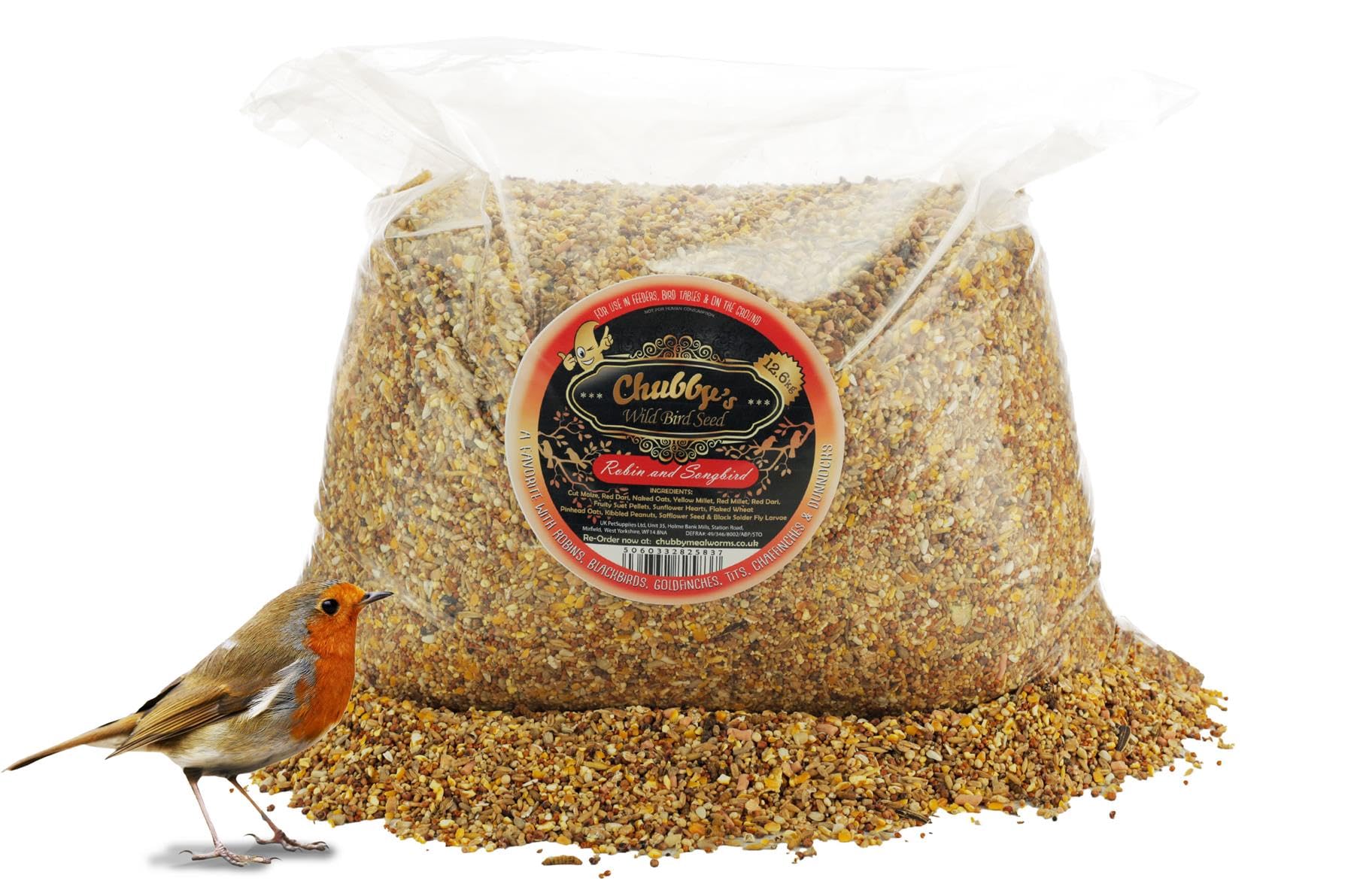 Chubby Robin & Songbird Wild Bird Seed Mix Robin Feed 12.6Kg, For Wild Birds, Protein Rich, Sunflower, Peanuts, Suet pellets, Black Soldier Fly Mix High Energy Food for Wild Birds