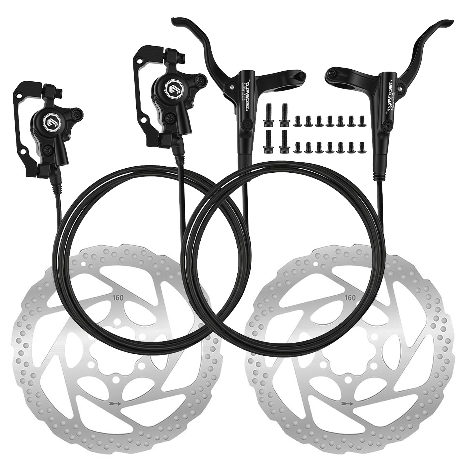 Kit Freni Idraulici per Bici, Set Freni a Disco, eBike Idraulici Bici Anteriore 800mm e Posteriore 1400mm, Doppio Pistone, Pinze in Alluminio, Rotori 160mm per MTB, eBike, BMX, Corsa