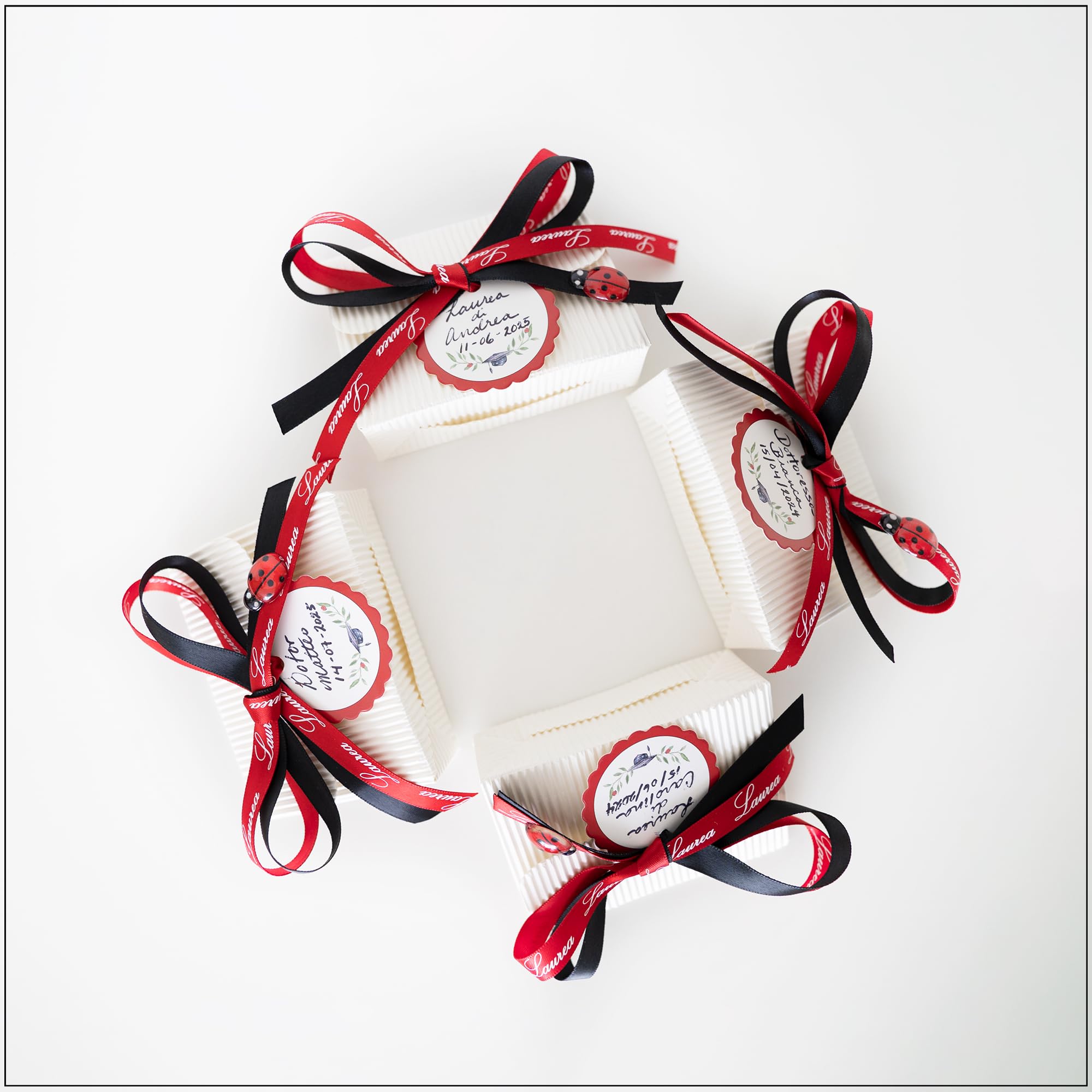 Set Completo Bomboniere Laurea, Scatoline Portaconfetti con Coccinelle, Bigliettini, Doppi Nastri e Sacchettini, 25 Pezzi