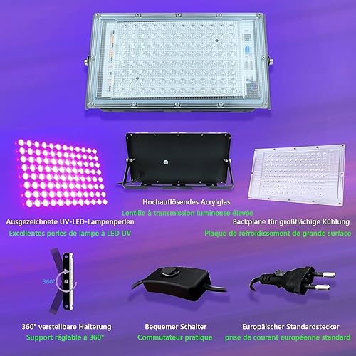 Miniatura 6 de Glostars 2 Pack 100W LED Black Light Lamp, Blacklight floodlight, IP66 Waterproof, 395-400nm Black Light Party Light with Switch for Bar, Party