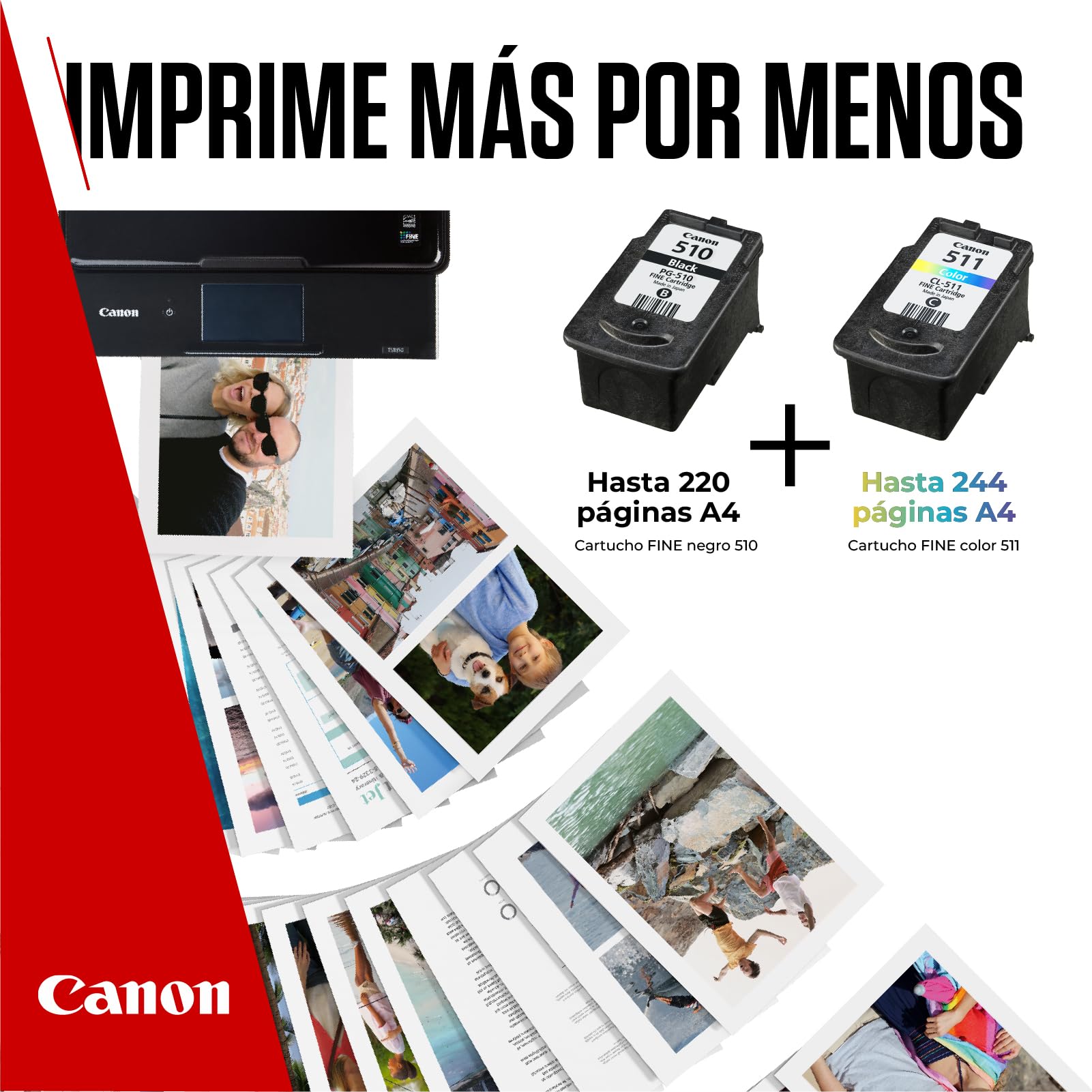 Canon PG-510 + CL-511, Cartuchos de Tinta Original, Cartucho de Tinta Independiente en Color Negro y Cartucho Multicolor, Incluye 50 Hojas Papel Fotográfico 4 x 6, Compatible con Impresoras PIXMA
