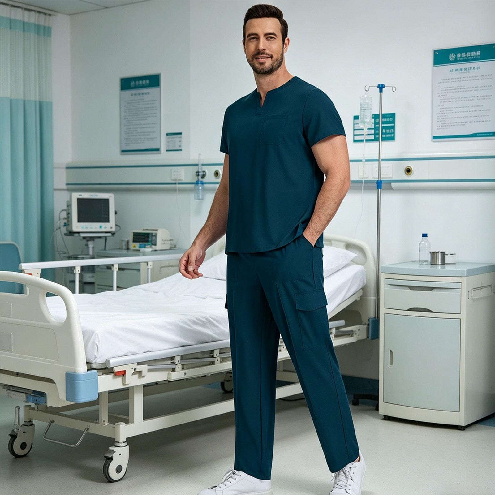 Uniforme Médico Hombre Conjunto Camisa Pantalón con Bolsillos Diseño Transpirable Cómodo en Poliéster para Trabajar en Hospital Clínica Estética