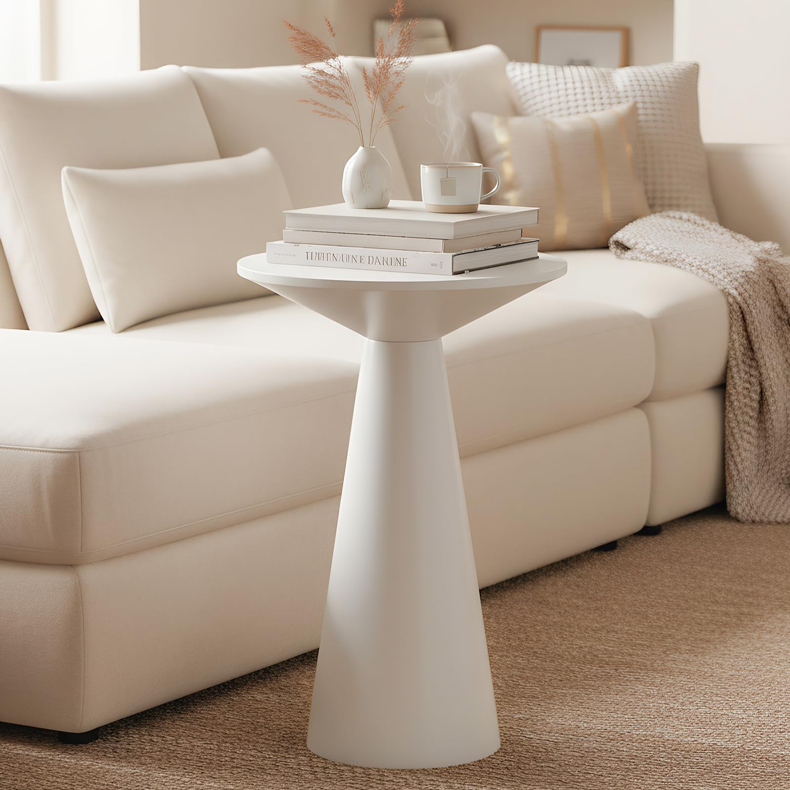 Table d’appoint Ronde en Bois, Petite Table Basse Ronde pour Salon, Table Balcon Couleur Blanc, Bout de canapé étroit ou Table de Chevet, guéridon Moderne Style Farmhouse, Ø34×50cm