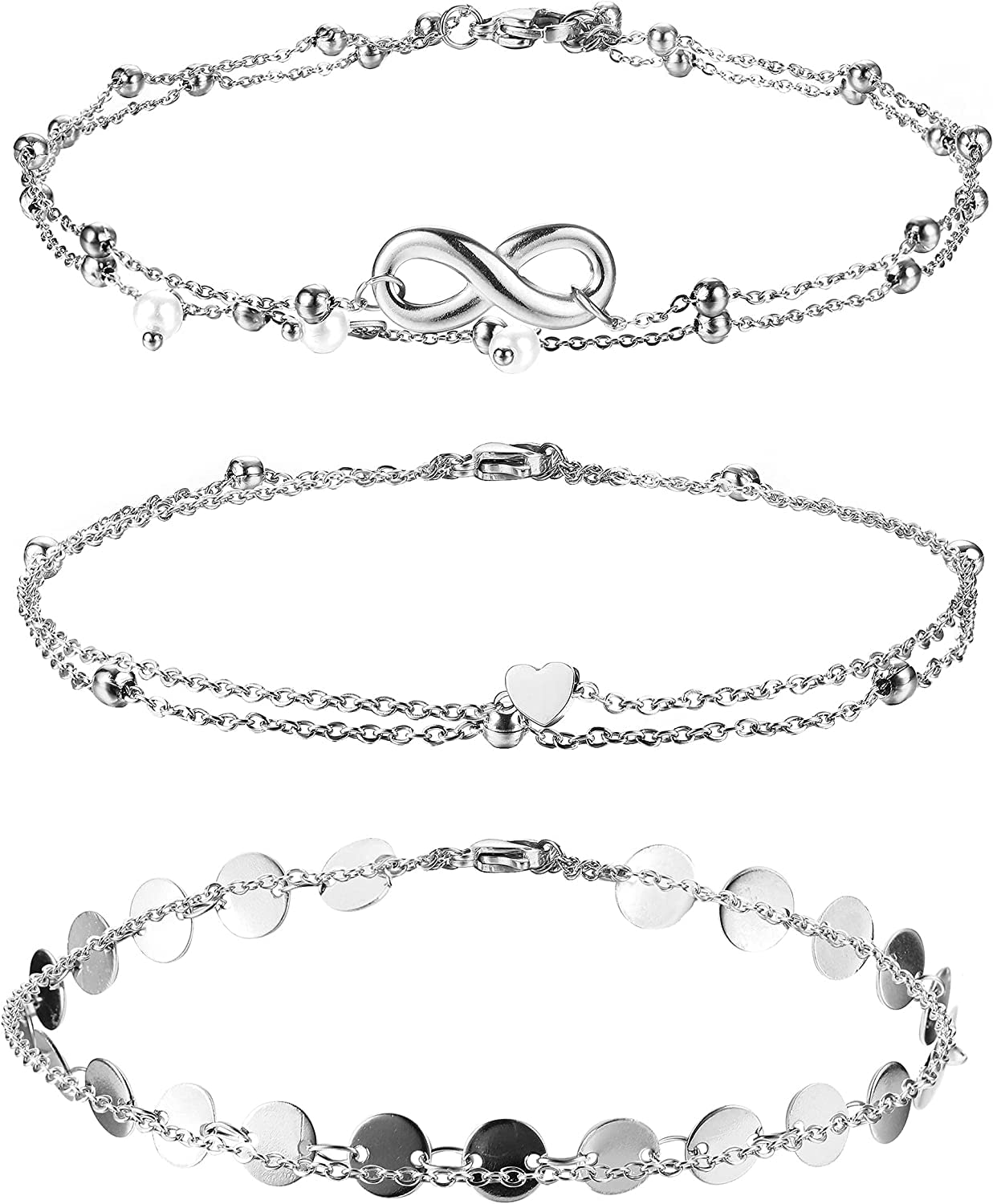 Finrezio3PCS Stainless Steel Ankle Bracelets for Women Teen Girls Infinity Heart Link Ankle Chains Bracelet Adjustable Layered Anklets Set Foot Beach Jewelry