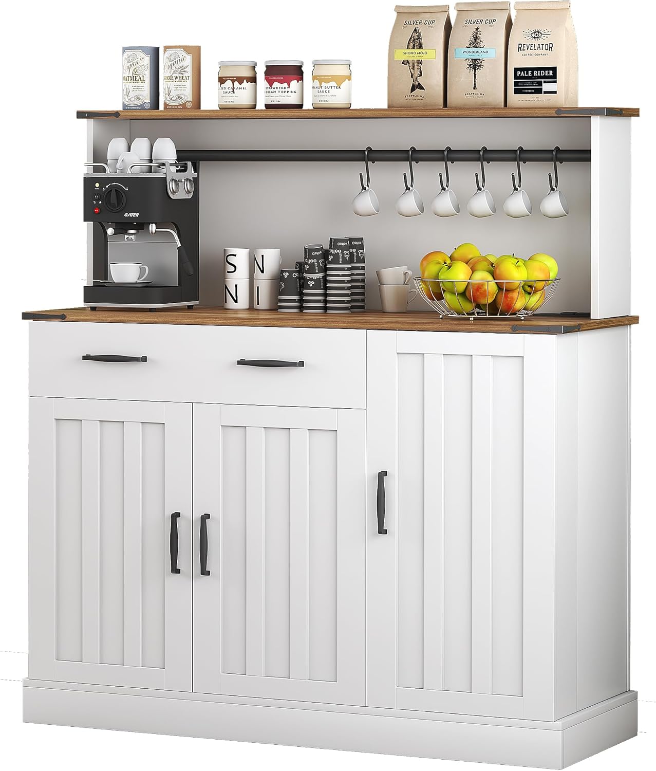 Sideboard Buffet Cabinet with 3 Doors and Drawers, White with Adjustable Shelves for Kitchen, Dining Room, Power Outlet