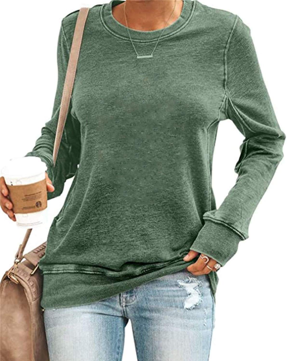 SENSERISEWomens Casual Crewneck Sweatshirt Long Sleeve Solid Color Shirt Soft Lightweight Loose Top