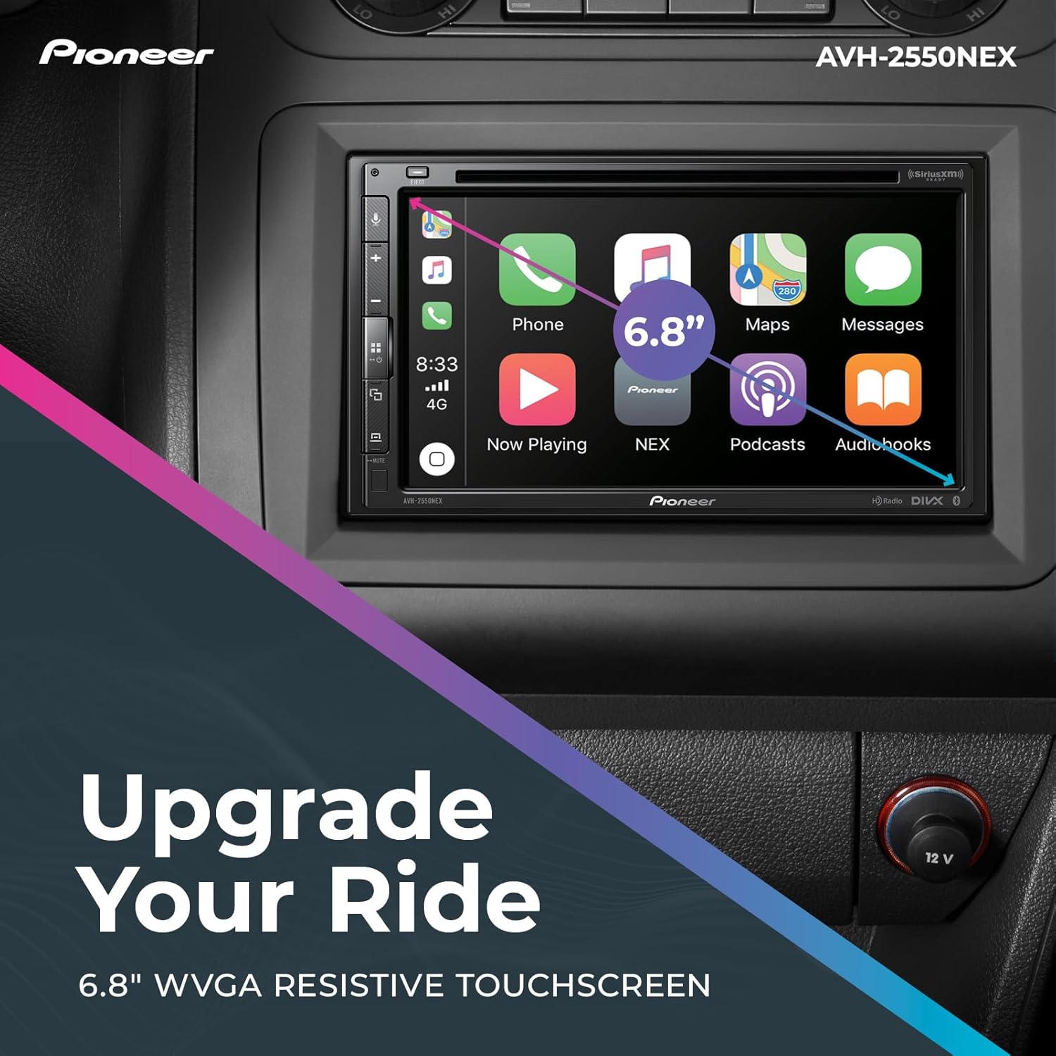 Pioneer AVH-2550NEX screen showing 6.8 inch display and app icons