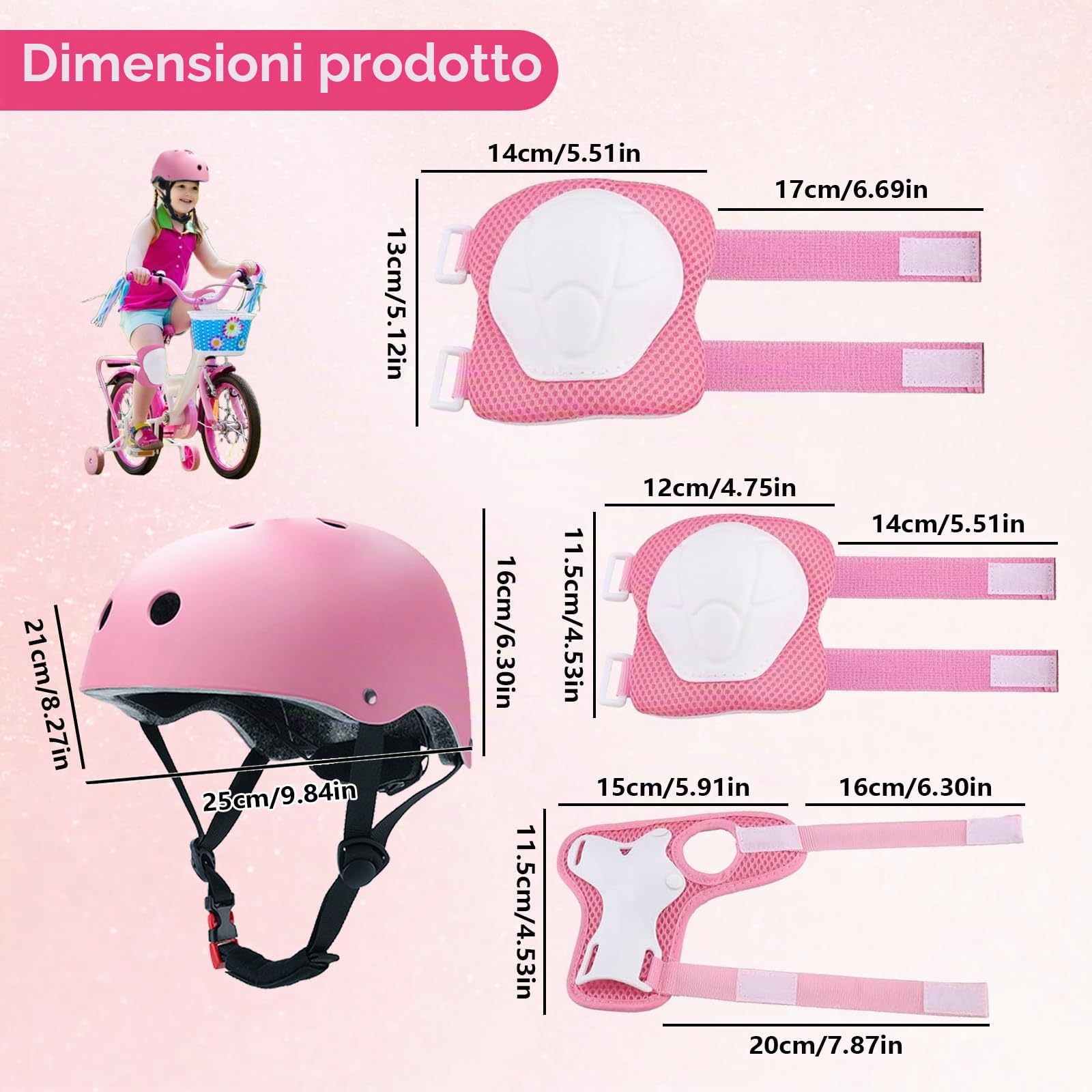 Set di Protezioni per Bambini, Set di Casco Protezione Bambini, traspirante e regolabile, set di ginocchiere per bambini per bicicletta, skateboard, scooter (rosa)