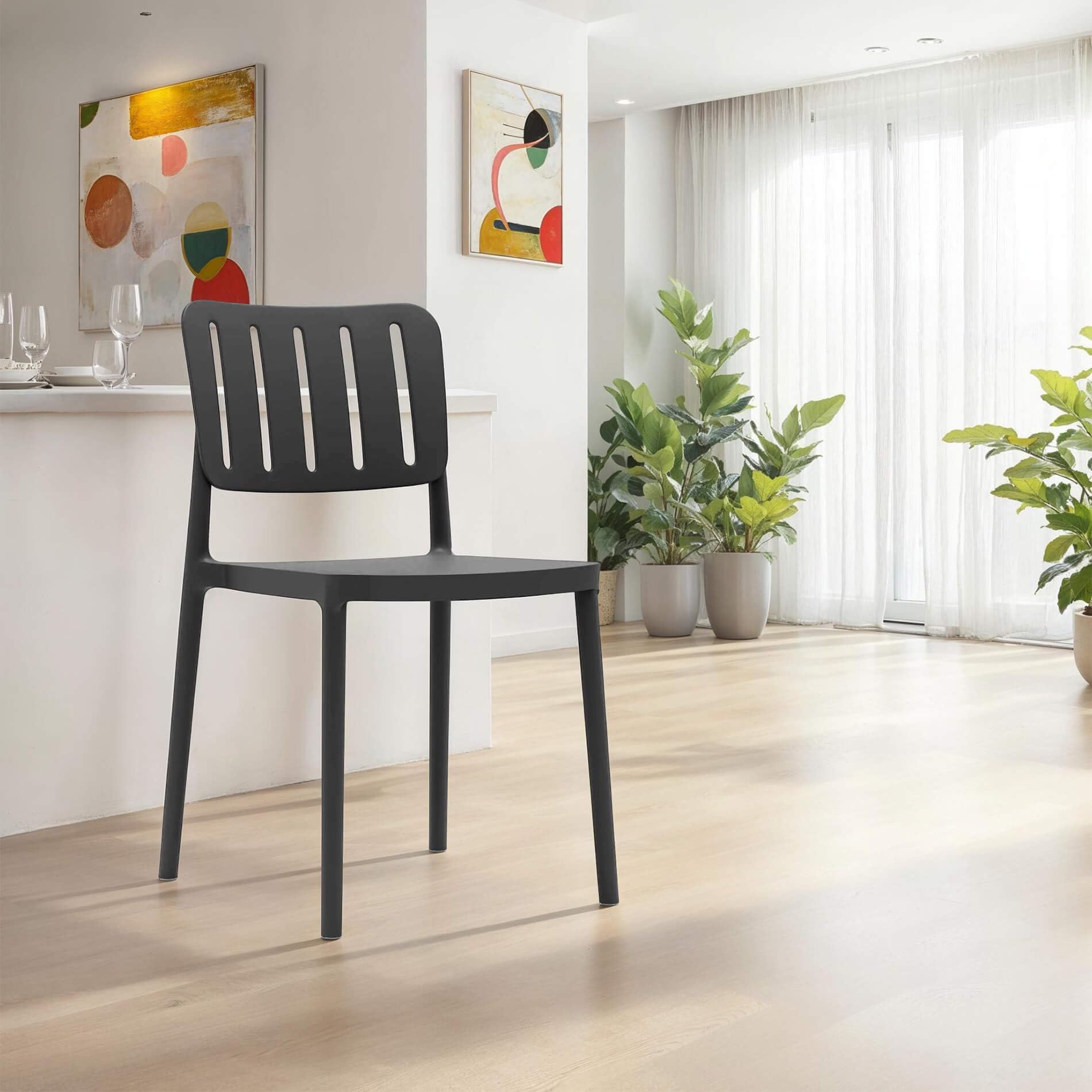 Rebecca Mobili Set 4 Sedie Impilabili, Sedie da Esterno, Nero, Polipropilene, Salvaspazio, Eleganti, per Giardino o Sala da Pranzo - Misure HxLxP: 82 x 42 x 53 cm - Art. RE7194V8M4