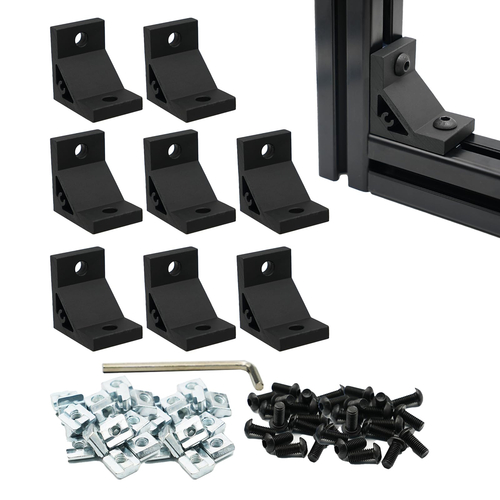 Iverntech 8pcs Black 50x50x36mm Corner Bracket for 4040 Aluminum Extrusion Profile 2 Hole Inside Brackets Connector with 16Pcs M8 Screws + 16 Pcs T Nuts+1Pcs Wrench