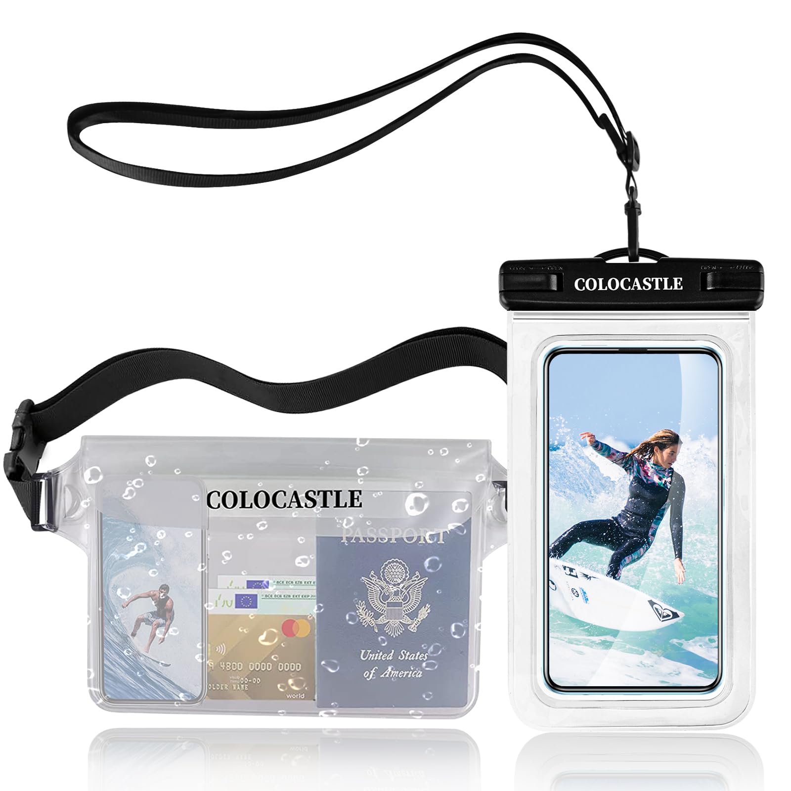 Waterproof Pouch Bag + Phone Case, Waterproof Case Dry Bag for water sports, swimming, kayaking, beach, boating, skiing, Protect Phone, Cash, Mp3, Passport, Document From Water, Sand, Snow, Dust