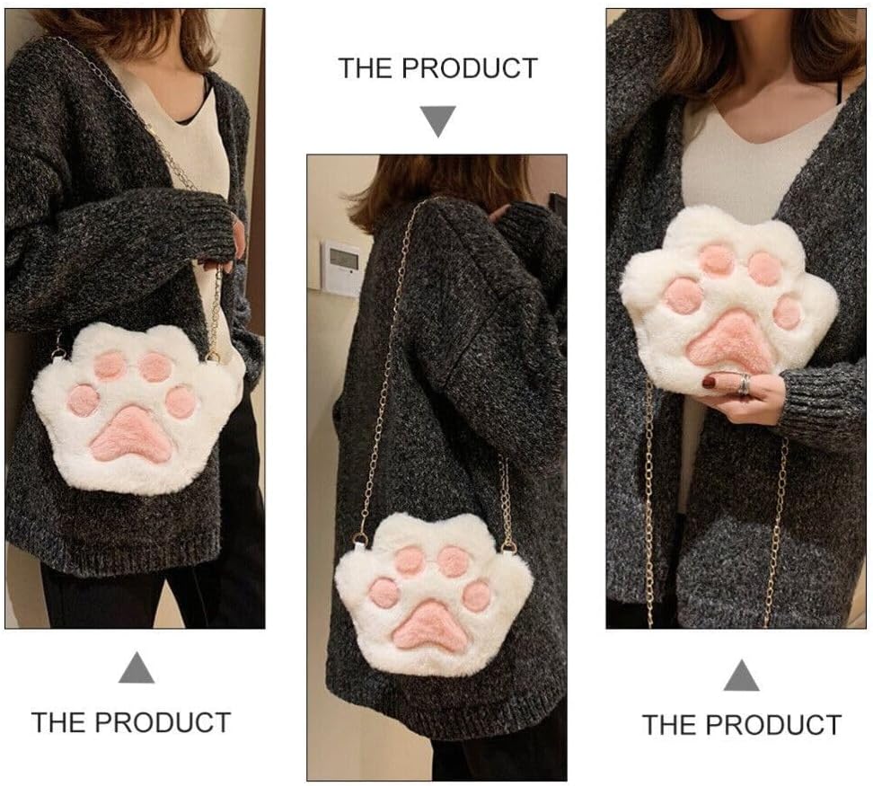 Chain Messenger Bag Cat Paw Chain Sweet Plush Plush Bear Bag(Grey)