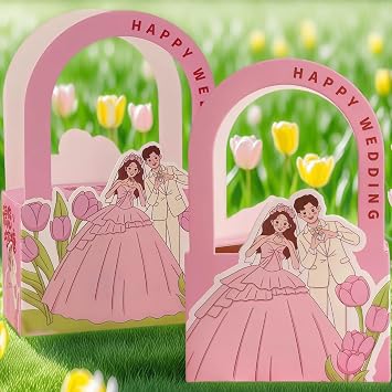 BAIWOVIS Wedding Candy Boxes, Pink Paper Treat Bags with Cartoon Couple Design, Wedding Party Favor Gift Boxes for Guests, 10 Pack