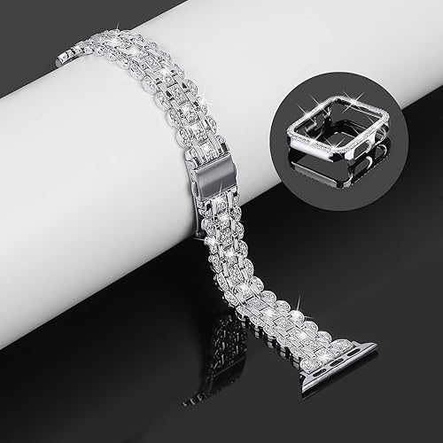 Miniatura 2 de Correas brillantes y funda compatible con Apple Watch de 1.49, 1.57, 1.61, 1.65, 1.73, 1.77 y 1.73 pulgadas, pulsera delgada de metal con cubierta
