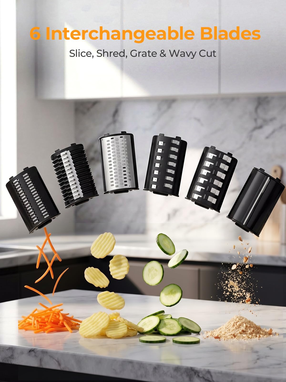 FOHERE Rallador de Queso Eléctrico 300W & Cortador de Verduras | 6 en 1 Cuchillas para Verduras Procesador de Alimentos de un Botón Para Cortar, Rallar y Moler Queso, Verduras