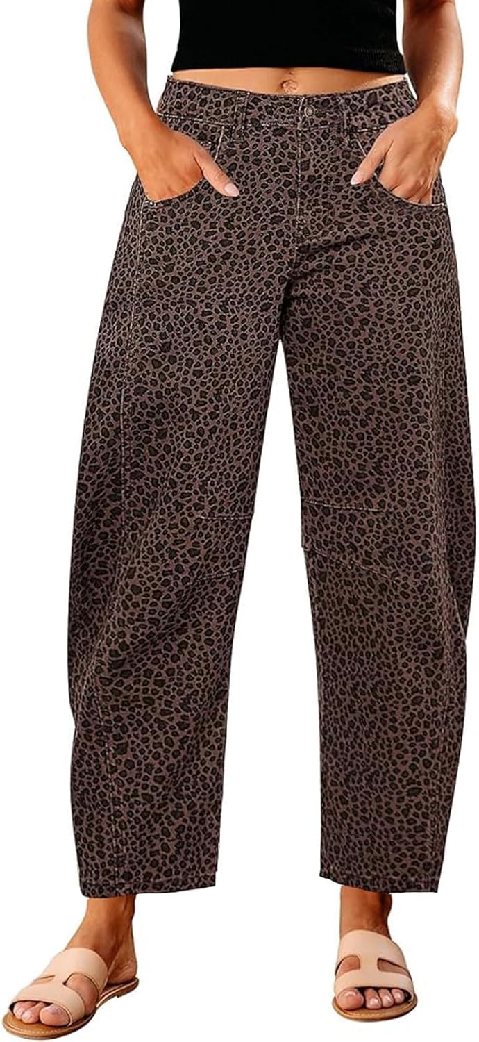 loveimgs Women Stretch Leopard Baggy Barrel Jeans Mid Rise Cheetah Print Jeans Boyfriend Wide Leg Cute Ankle Denim Pants Y2k