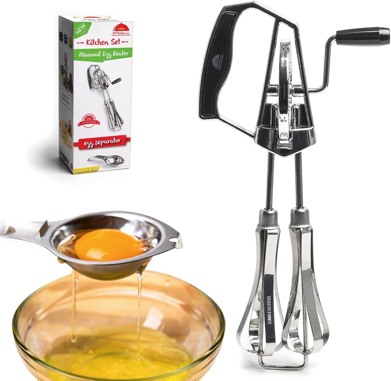 KiTheea Manual Egg Beater Stainless Steel Kitchen Hand Mixer Eggs Separator Tool Hand