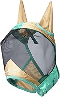 Vista 14 de Harrison Howard Máscara de mosca de caballo luminosa profesional estándar con orejas, protección UV, para caballos, azul y plateado, mazorca mediana
