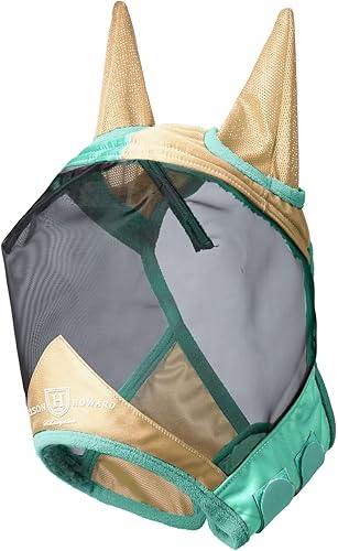 Miniatura 2 de Harrison Howard Máscara de mosca de caballo luminosa profesional estándar con orejas protección UV para caballo, champán doradomenta, tamaño grande